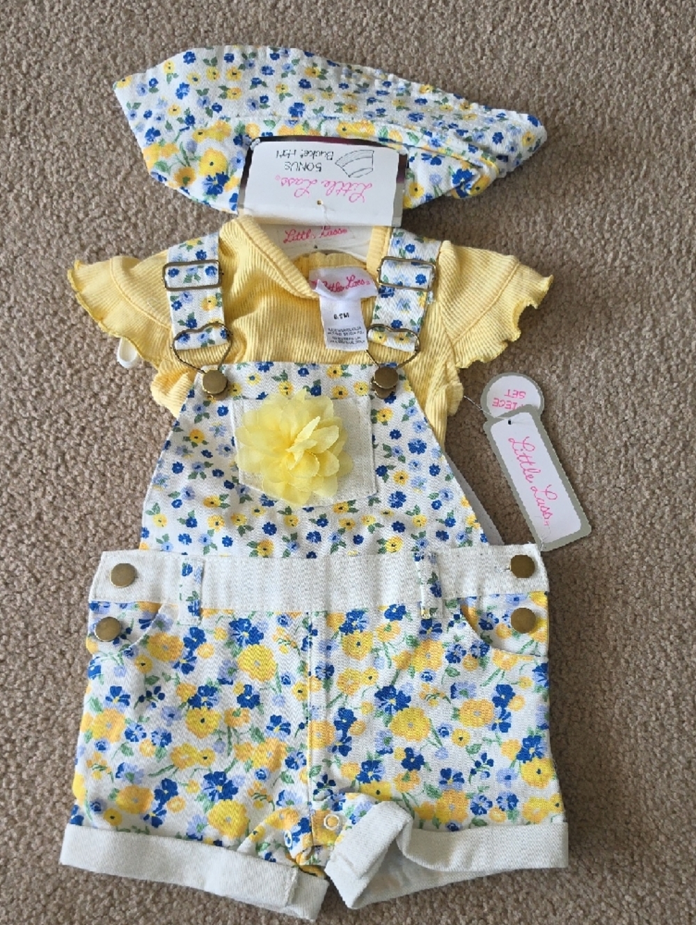 6/9 Mos Little Lass Yellow and Blue Floral Overalls 3 Pc Set NWT